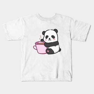 Panda bear hugging a cup of coffee Kids T-Shirt